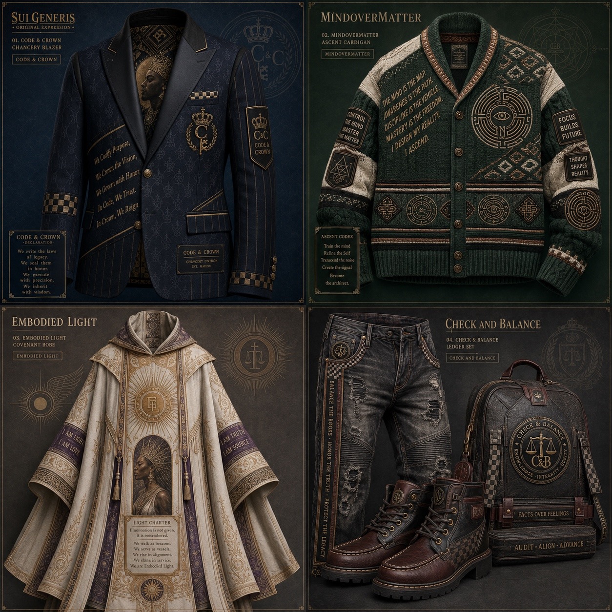 Sui Generis / Code & Crown / MindOverMatter / Embodied Light / Check and Balance concept apparel and accessory board