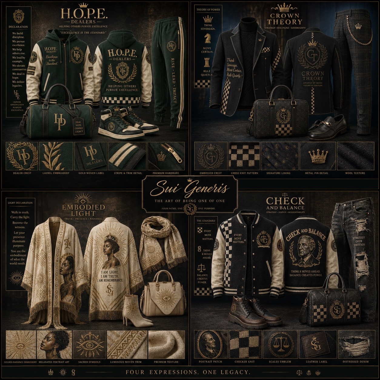 Sui Generis / H.O.P.E. Dealers / Crown Theory / Embodied Light / Check and Balance concept apparel and accessory board
