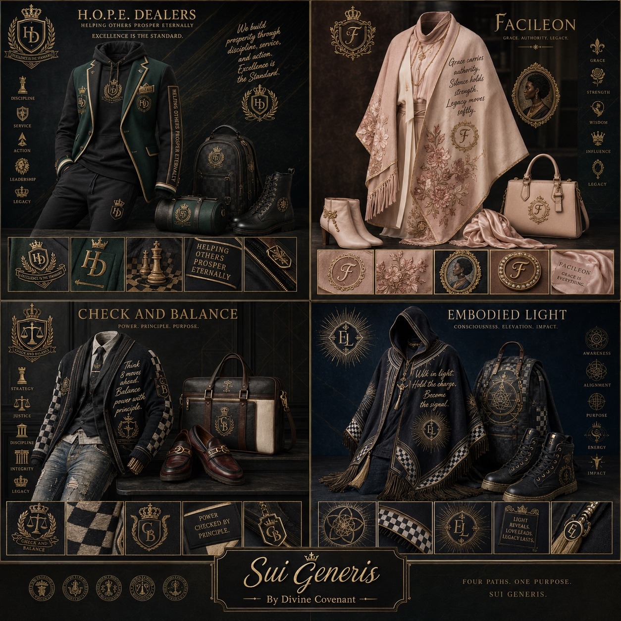 Sui Generis / H.O.P.E. Dealers / Facileon / Check and Balance / Embodied Light concept apparel and accessory board
