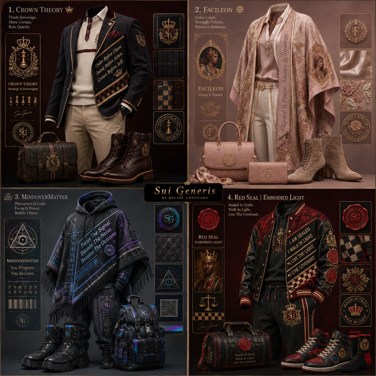 Sui Generis / Crown Theory / Facileon / MindOverMatter / Red Seal / Embodied Light concept apparel and accessory board